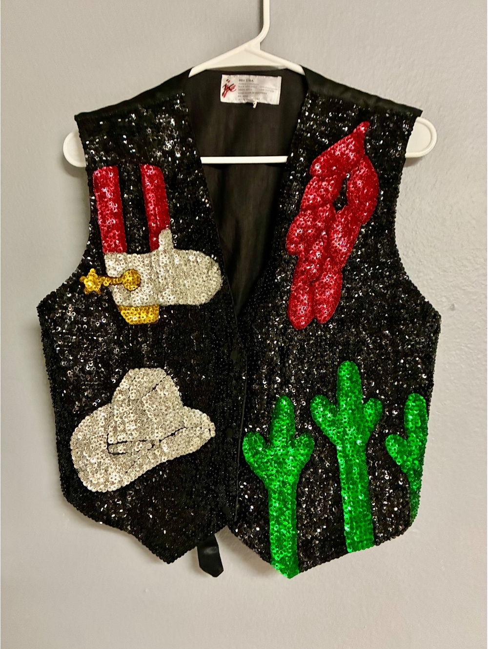 Vintage 001 USA Sequined Western Vest Cowboy Hat Boots Cactus Black Size M